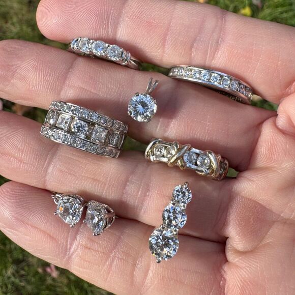 VINTAGE ESTATE LOT Sterling Silver DQ CZ Tennis Bracelet Rings Pendants Earrings - Picture 6 of 17